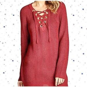 Active USA Women's Lace Up Pullover Knit Sweater Raglan Long Sleeve Size L